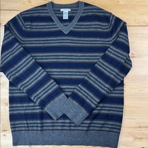 GAP Men's V-Neck Sweater Italian Merino Wool Blue Brown Gray Striped Size L
